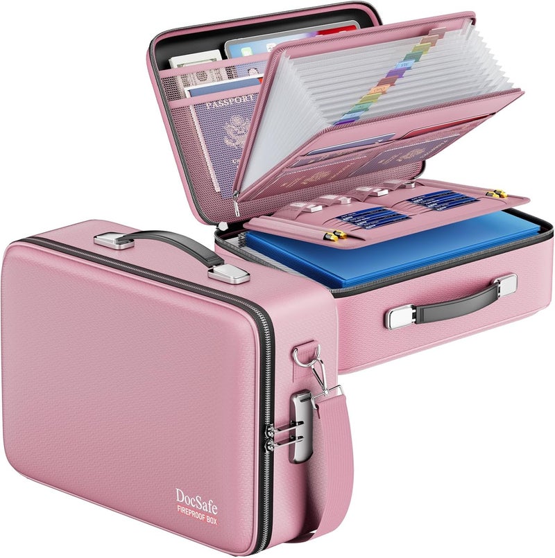 DocSafe Fireproof Document Box with Lock＆Shoulder Strap,Hard Case File Organizer with Accordion File Folder,Multi-Layer Portable Home Office Travel Safe Storage for Important Documents Laptop Pink - Image 1